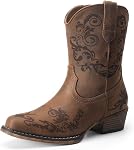 DREAM PAIRS Women's Cowboy Cowgirl Western Ankle Boots | square toe, booties, side zipper, 1.38-inch low heel, cushioned vegan leather, concert, music festival, casual, work