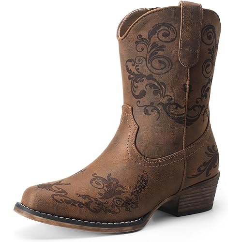 DREAM PAIRS Women's Cowboy Cowgirl Western Ankle Boots Low Chunky Heels Square Toe Fall Short Booties Shoes