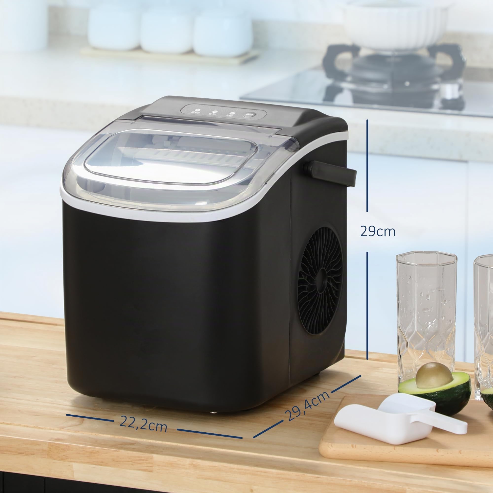 HOMCOM Machine à glaçons 12kg en 24h, 9 Glaçons en 6-12 Minutes, Noir | Ice Maker Portable avec Poignée, Panier et Pell, pour Maison, Cuisine, Bureau, Bar