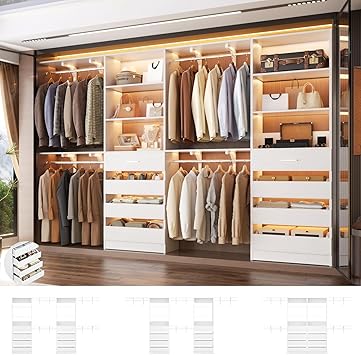 Aheaplus Closet System with 8 Wooden Drawers, Wood Closet Organizer System with Tower, Walk-in Closet Organizer Wardrobe Clothes Rack with 4 Hanging Rods, Garment Rack, Cut to Fit 7-12Ft, White