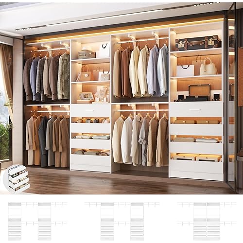 Aheaplus Closet System with 8 Wooden Drawers, Wood Closet Organizer System with Tower, Walk-in Closet Organizer Wardrobe Clothes Rack with 4 Hanging Rods, Garment Rack, Cut to Fit 7-12Ft, White
