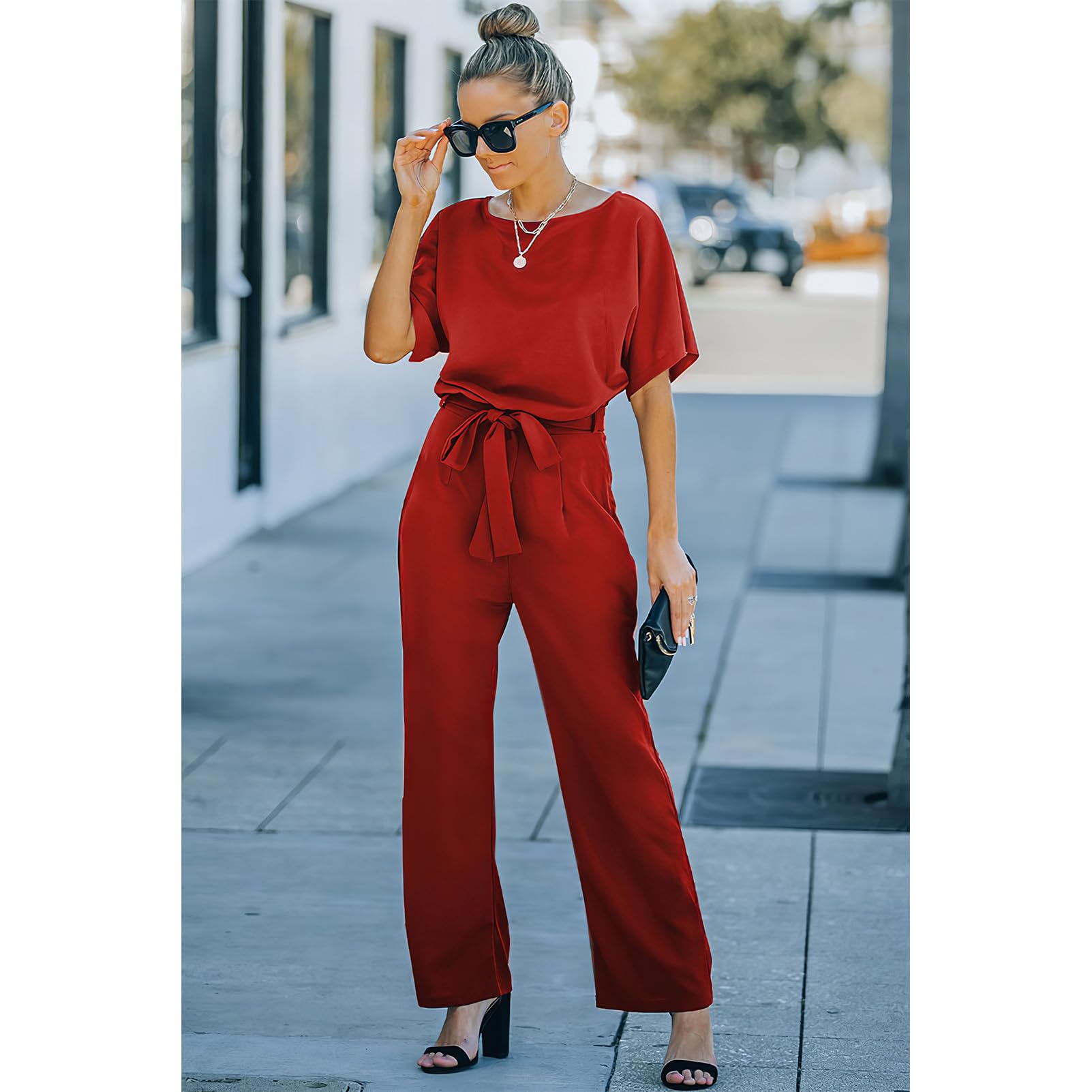 amropi Femmes Combinaison Manches Courtes Barboteuse Jumpsuit Élégant Pantalon Casual Combishort avec Ceinture