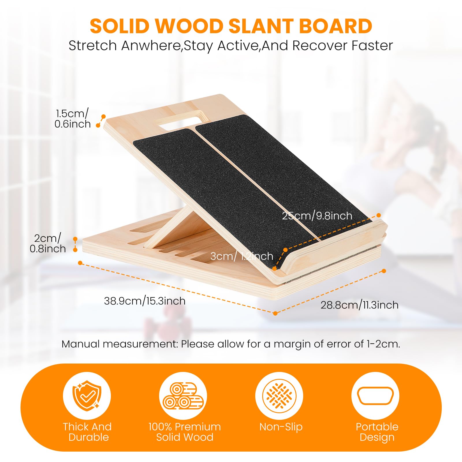 Tavola Inclinata di Legno, FoiiLiio Tavoletta Propriocettiva Regolabile in 5 Angolazioni, con Maniglia Trapezoidale Allargata e Piastra di Impatto Antiscivolo, Pieghevole e Portatile Slant Board