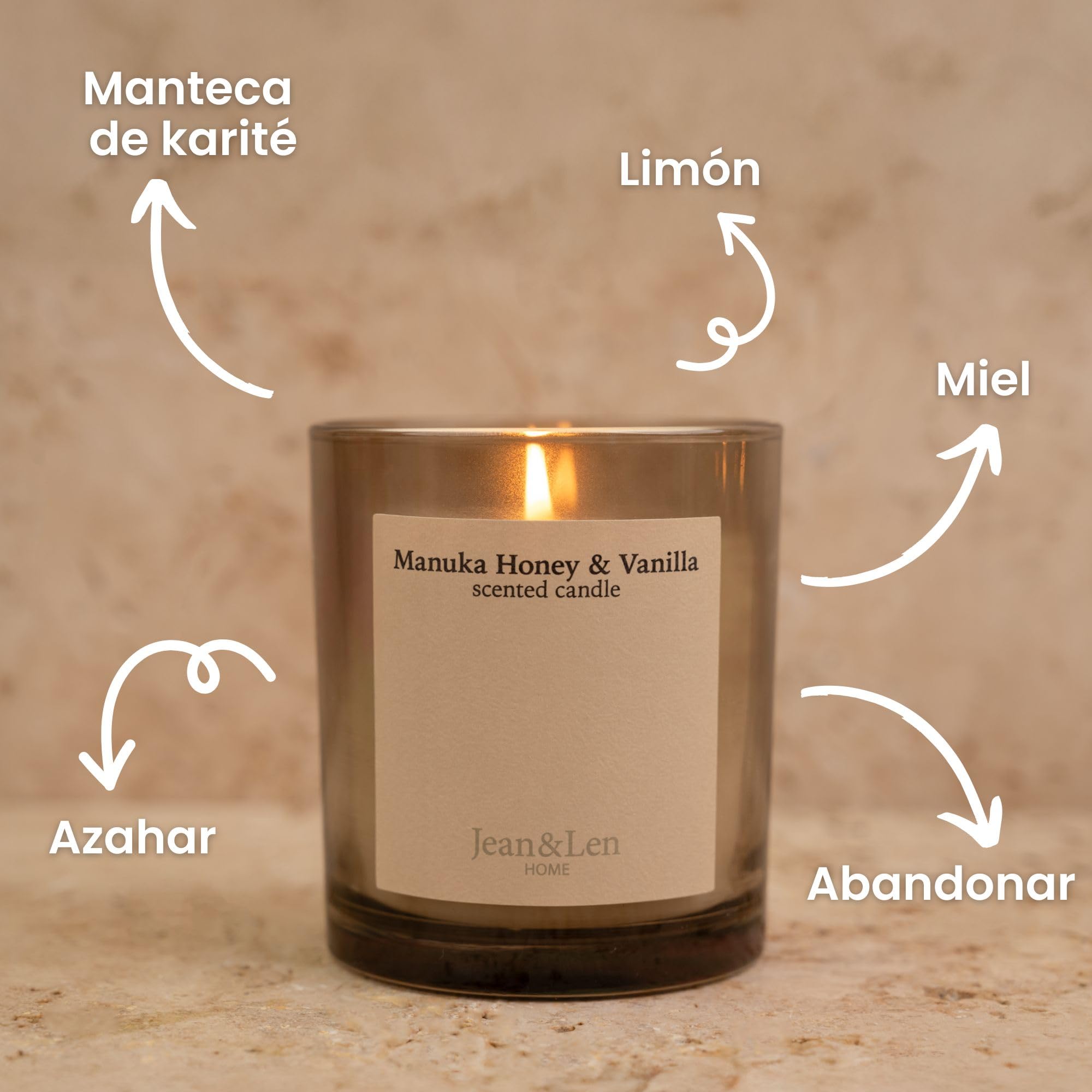 Jean & Len Scented Candle Manuka Honey & Vanilla, elaborada con manteca de karité, duración de combustión aprox. 40 horas, diseño minimalista, aroma sensual, vegano, 195 g