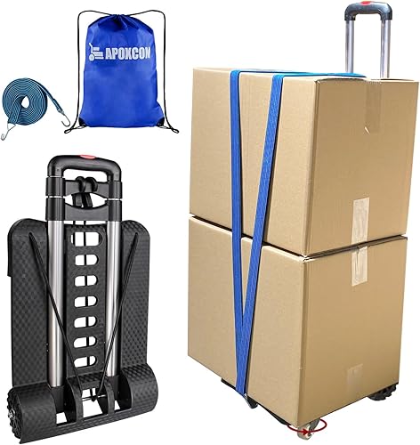 Camión de mano plegable, carrito ligero de aluminio con 2 ruedas delanteras giratorias completas y 2 ruedas traseras de tanque, carrito de equipaje