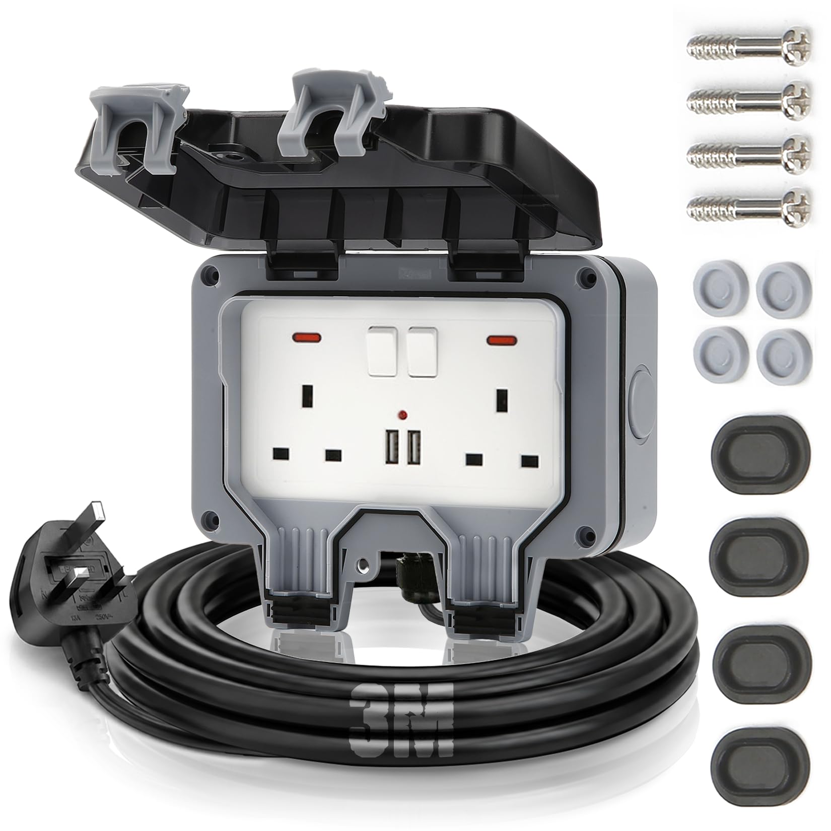 Außensteckdose Steckdose IP66 Wasserdicht mit USB-Anschlüsse UK-3m