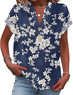 Tunic Tops for Women Loose Fit Dressy Casual Buttons Vneck Blouses Trendy Summer Cotton Linen Shirt Holiday Outfits