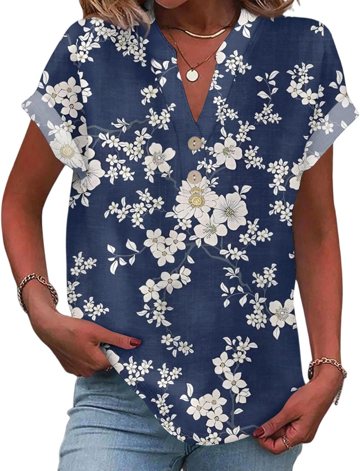 Tunic Tops for Women Loose Fit Dressy Casual Buttons Vneck Blouses Trendy Summer Cotton Linen Shirt Holiday Outfits
