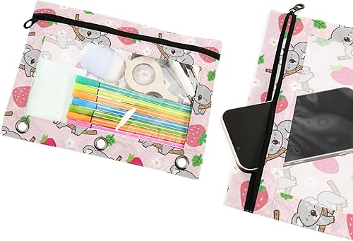 Miniatura 4 de Estuche para lápices para carpetas de 3 anillos con cremallera, se adapta a carpetas estándar, estuche de lápices de koala de fresa para oficina y