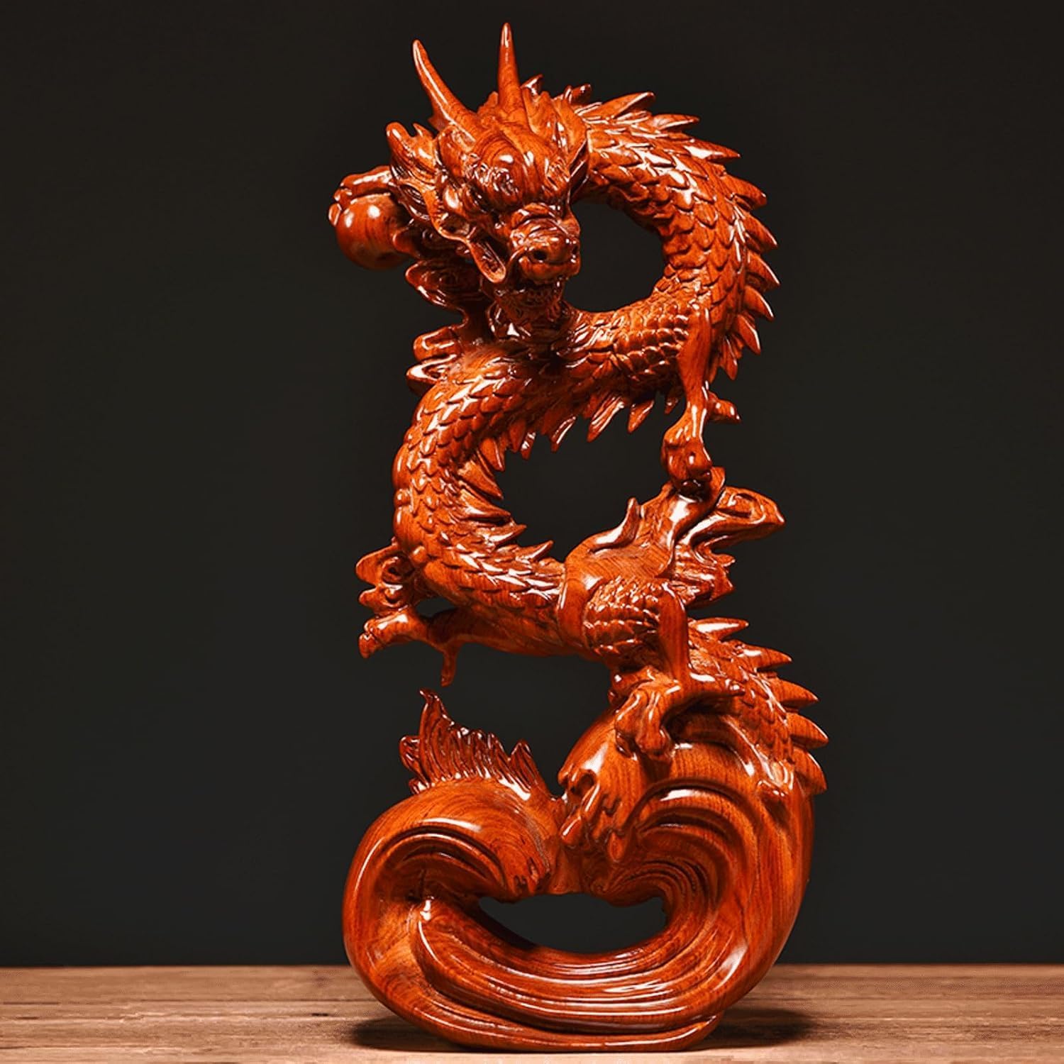 Feng Shui Dragon Statue- Chinese Dragon on Wood Sculpture Figurine Ornament Attract Wealth and Good Luck Office Home Decor (Red) (7 Inch)