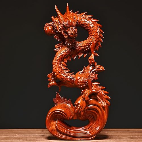 Feng Shui Dragon Statue- Chinese Dragon on Wood Sculpture Figurine Ornament Attract Wealth and Good Luck Office Home Decor (Red) (7 Inch)