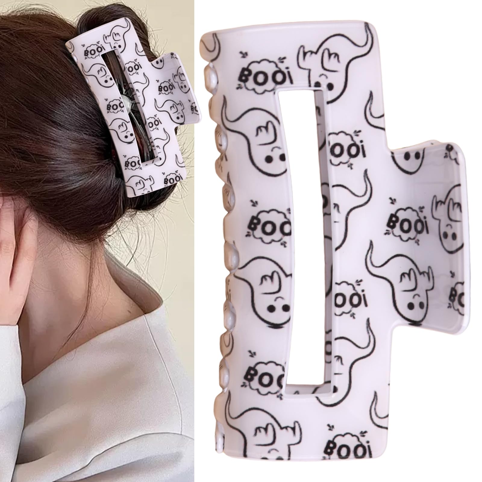 WLYIIC Halloween Hair Claw Clips Halloween White Ghost Strong Hold Claw Clips Acrylic for Women Girls Ponytail Non-Slip Claw Clips Thick Hair BOO Ghost Fun Hair Accessories 1Pcs (Ghost)