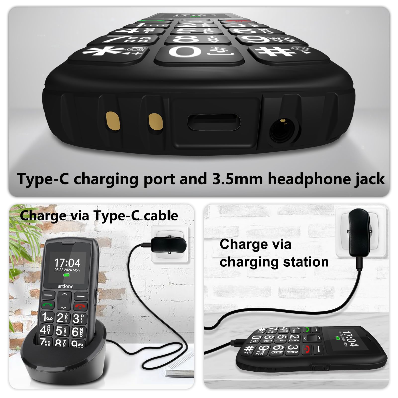 artfone Teléfono móvil C1+4G con botón grande para ancianos, USB-C, base de carga, batería de 1800 mAh, teléfono básico fácil de usar, teléfono móvil para personas mayores desbloqueado sin SIM, botón