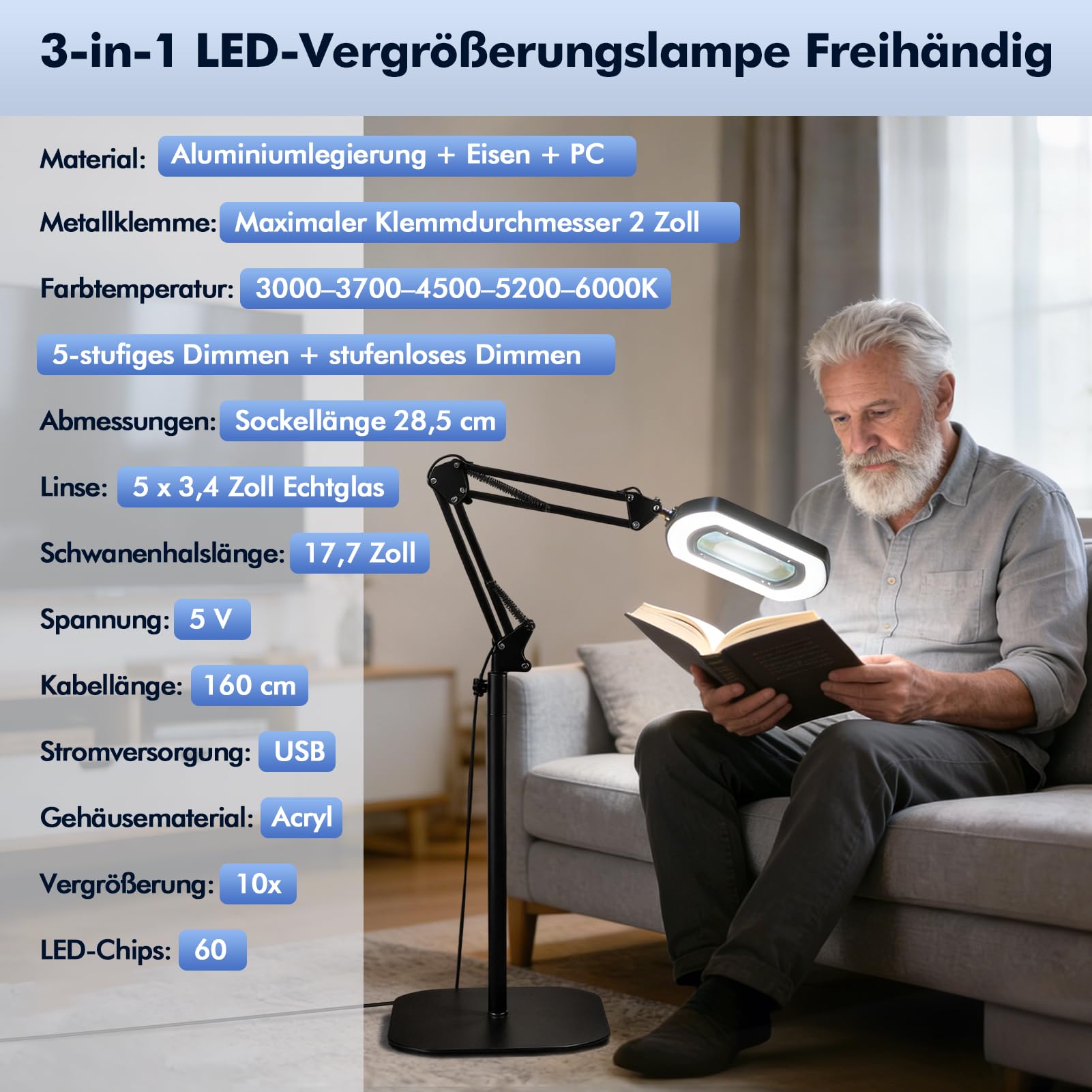 10 lupas con luz y soporte, 3 en 1 LED de aumento, manos libres, 5 modos de color, regulable sin niveles, lupa de lectura para personas mayores, lente de aumento manos libres para pintura, costura