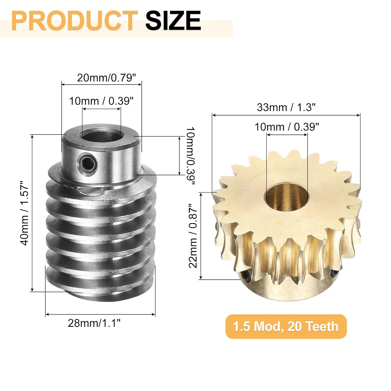 uxcell Worm Gear Set 20T 1.5 Module 20:1 Reduction Rate, Right Rotation Drive Gear Box Wheel Reduce Transmission Part (Brass Gear-10mm Bore, #45 Steel Rod 10mm Bore)