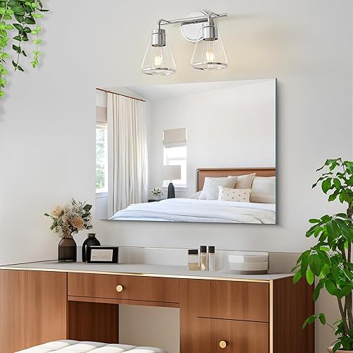 Miniatura 5 de Lámparas de baño sobre espejo de níquel pulido, 2 luces de tocador de baño con pantalla de vidrio transparente de 14 pulgadas, apliques de pared