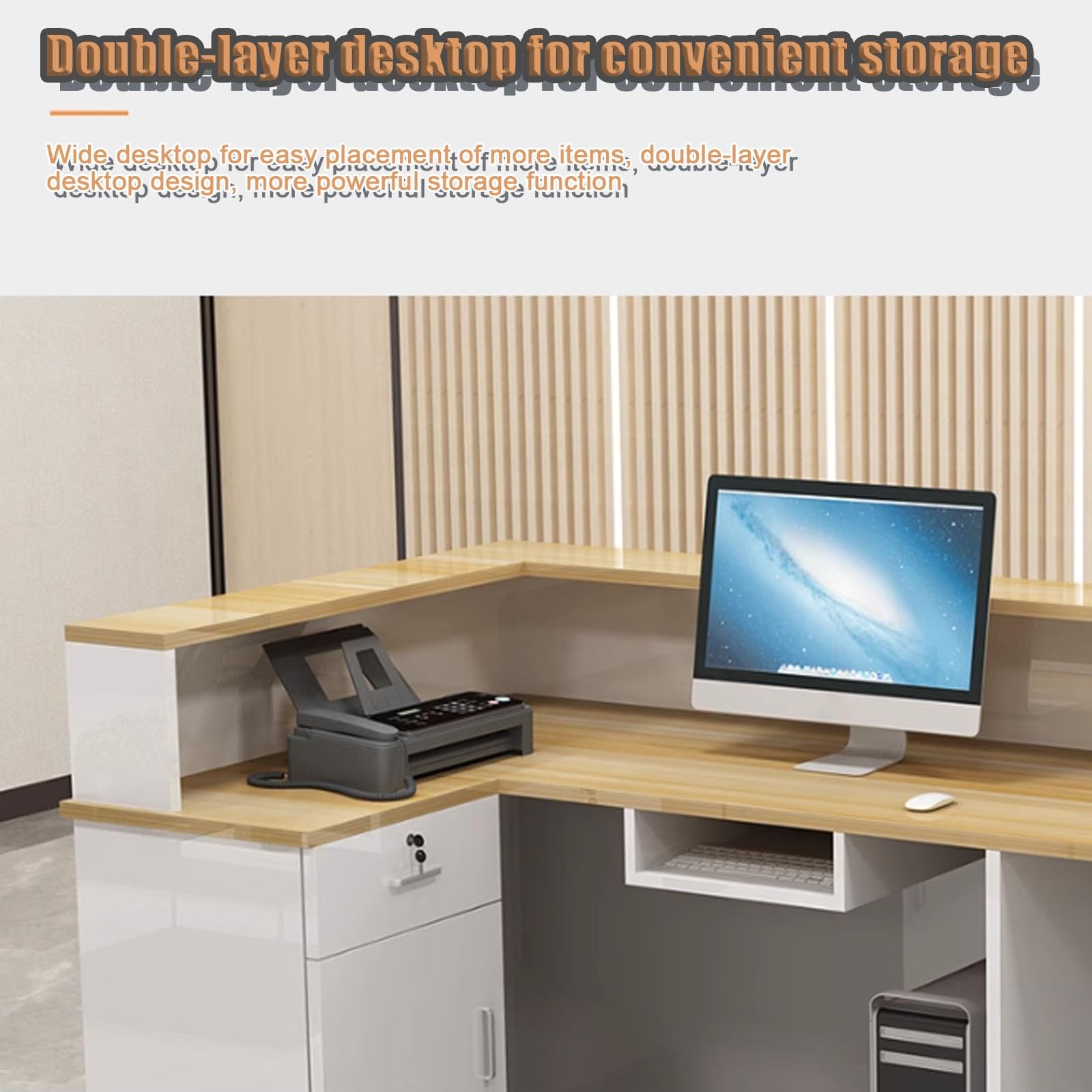 Moderno escritorio de recepción azul con cajones con cerradura, mostrador de oficina abierto de 140 cm para salón y negocios, elegante diseño lateral izquierdo para área de recepción