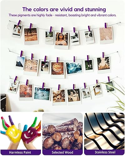 Miniatura 4 de Mini alfileres para fotos, pinzas de color morado, paquete de 100 clips de madera arcoíris coloridos con cuerda de 32 pies para manualidades, baby