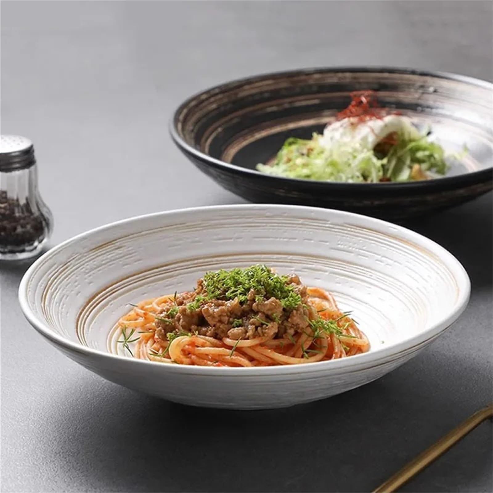 Ensaladeras Cuenco de cerámica con textura en espiral, creativo, for restaurante, tazón sopa grueso, ensaladera, Pasta, postre, cuencos for Sushi, vajilla especial, 1 ud(Black)