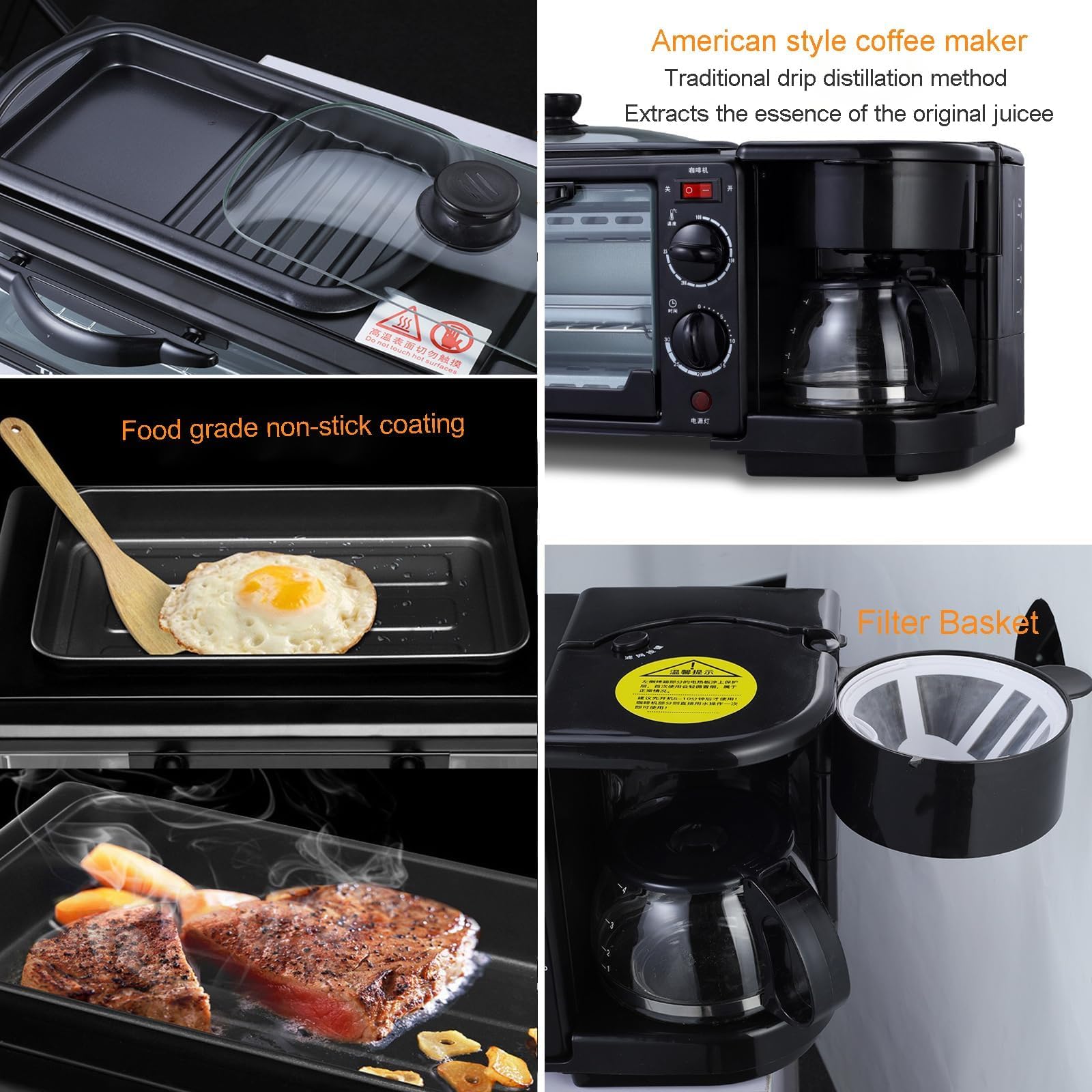 Stazione Colazione 3 in 1, Macchina per la Colazione Multifunzionale da 1250W con Forno Tostapane Antiaderente da 9L, Macchina da Caffè a Goccia e Padella per Piccola Cucina in Appartamento