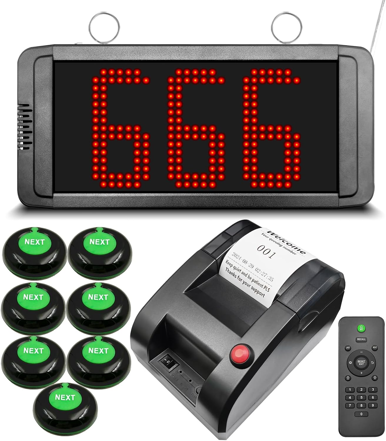 Take a Number System Queue Wireless Calling System with 1 Electronic Number Display 7 Next Call Button 1 Ticket Dispenser Printer 57mm Thermal Receipt Paper Rolls 1 Remote Control for Counter Window
