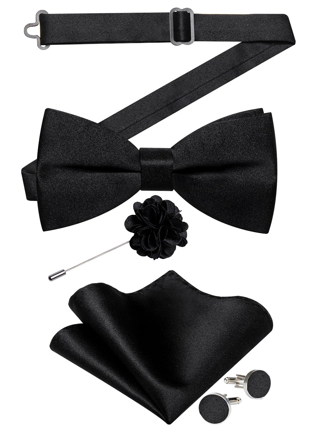 Mens Satin Pre-tied Bowtie Shiny Solid Bow Tie and Pocket Square Cufflinks Lapel Pin Set for Tuxedo Wedding Party
