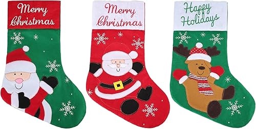 Surblue Paquete de 3 medias navideñas de dibujos animados de 17.7 pulgadas, calcetines rústicos de Papá Noel, decoración clásica para decoración