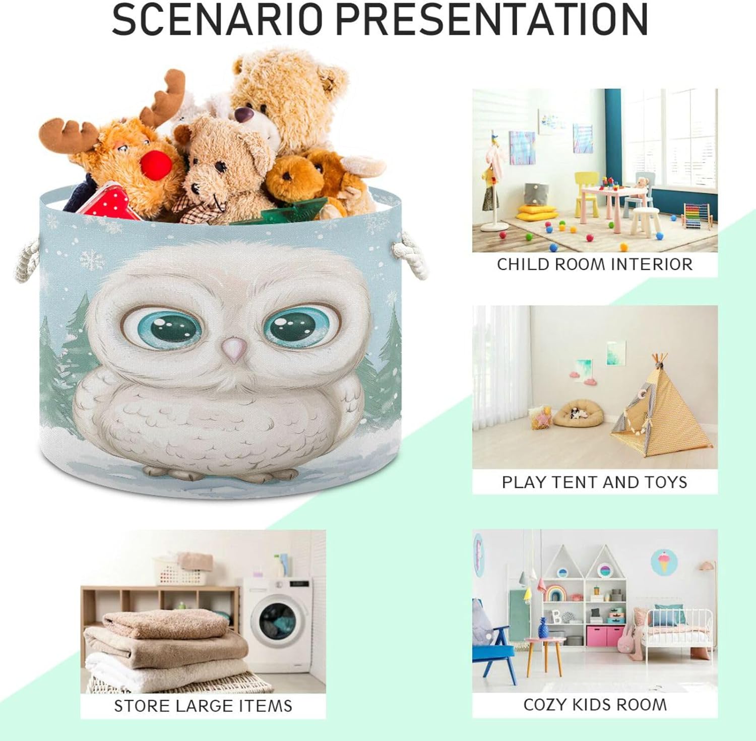 senya Winter Basket Storage, Owl Sitting in The Snow Storage Bin Box Laundry Hamper Organizer Bag with Handles for Clothes