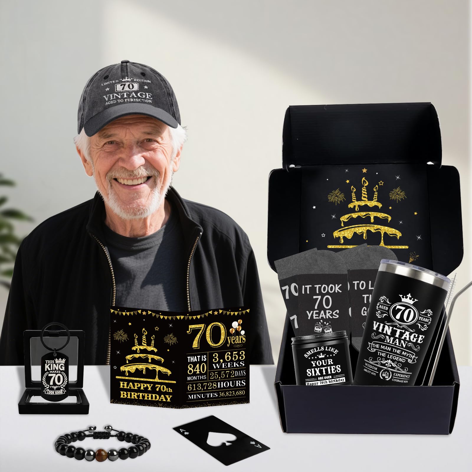 70th Birthday Gifts for Men - Unique Birthday Box with 20 Oz Tumbler, Baseball Cap, Socks, Bracelets, Scented Candle, Happy 70th Birthday Decorations for Husband, Dad, Grandpa, Friends, Boss