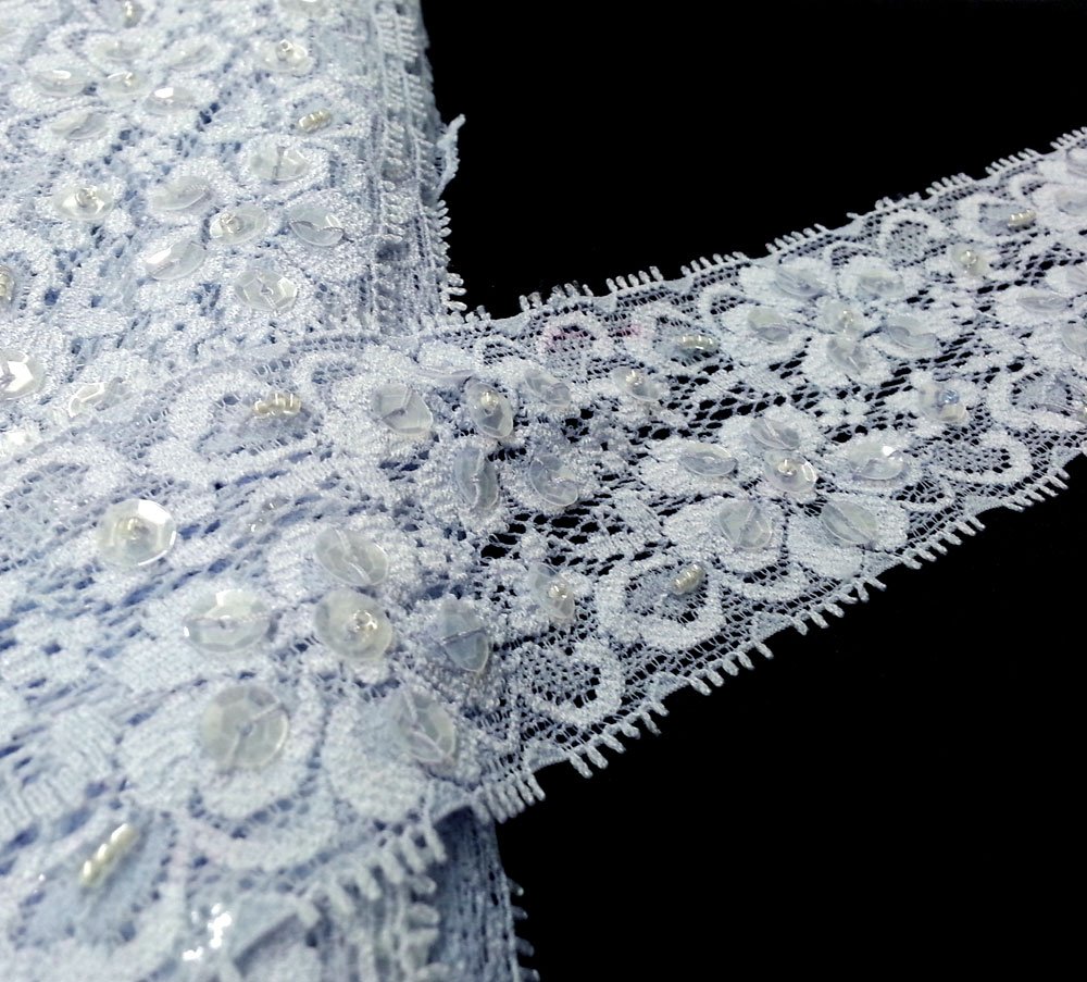 Beaded Sequin Stretched BLUEBELL Lace Trim, 2-1/4 Inch by 1 Yard, SEE-SL-0159-BD