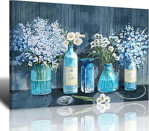 HKDGOKA Lienzo decorativo de pared para dormitorio, flor blanca en botella azul, cuadros para sala de estar, galería moderna, lienzo estirado de 16