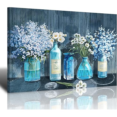 HKDGOKA Canvas Wall Art - Bathroom Wall Decor Blue Flower Paintings, Office Decor for Women Artwork Print Posters For Living Room Bedroom Kitchen Framed Wall Art Ready To Hang 12x16inch