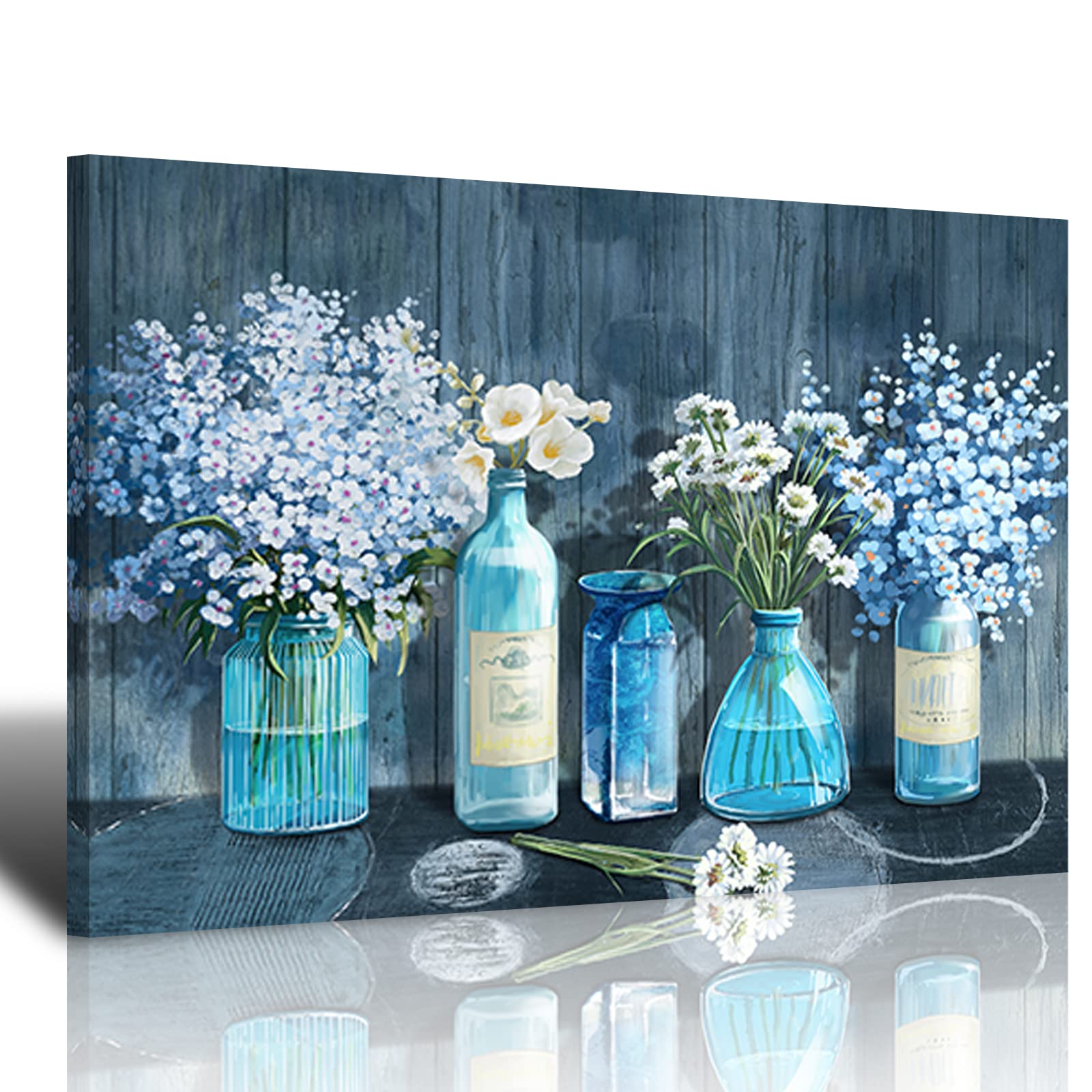 HKDGOKA Wall Art Canvas Bedroom Wall Decor White Flower in Blue Bottle Canvas Pictures for Living Room Modern Gallery 16x24 inch Stretched Canvas Artwork Flower Painting for Bathroom Wall Art
