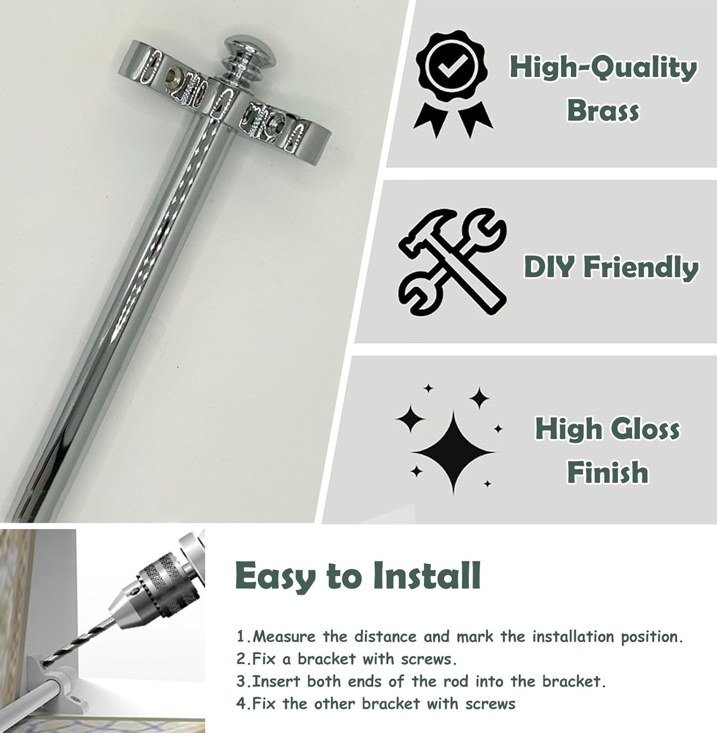 Stair Rods with Piston Finials, Brackets, and Screws - Polished Silver Brass - Fits Carpets up to 48 Inches - Set of 3 for Easy Installation and Stylish Home Decor