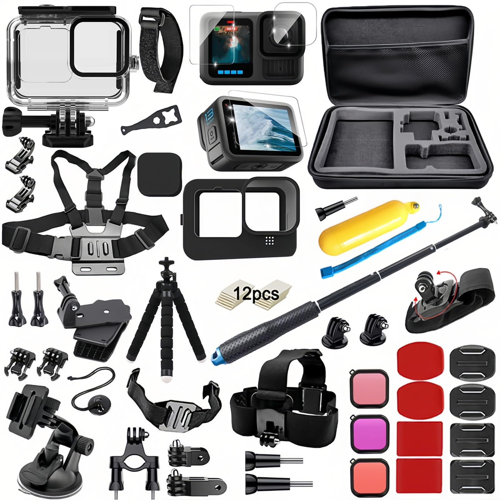 Juego de accesorios para GoPro Hero 13 Black Kit, BMUUPY resistente al agua, carcasa impermeable para esnórquel, accesorio para bicicleta, soporte para selfie-varilla correa para GoPro Hero13 Gopro13