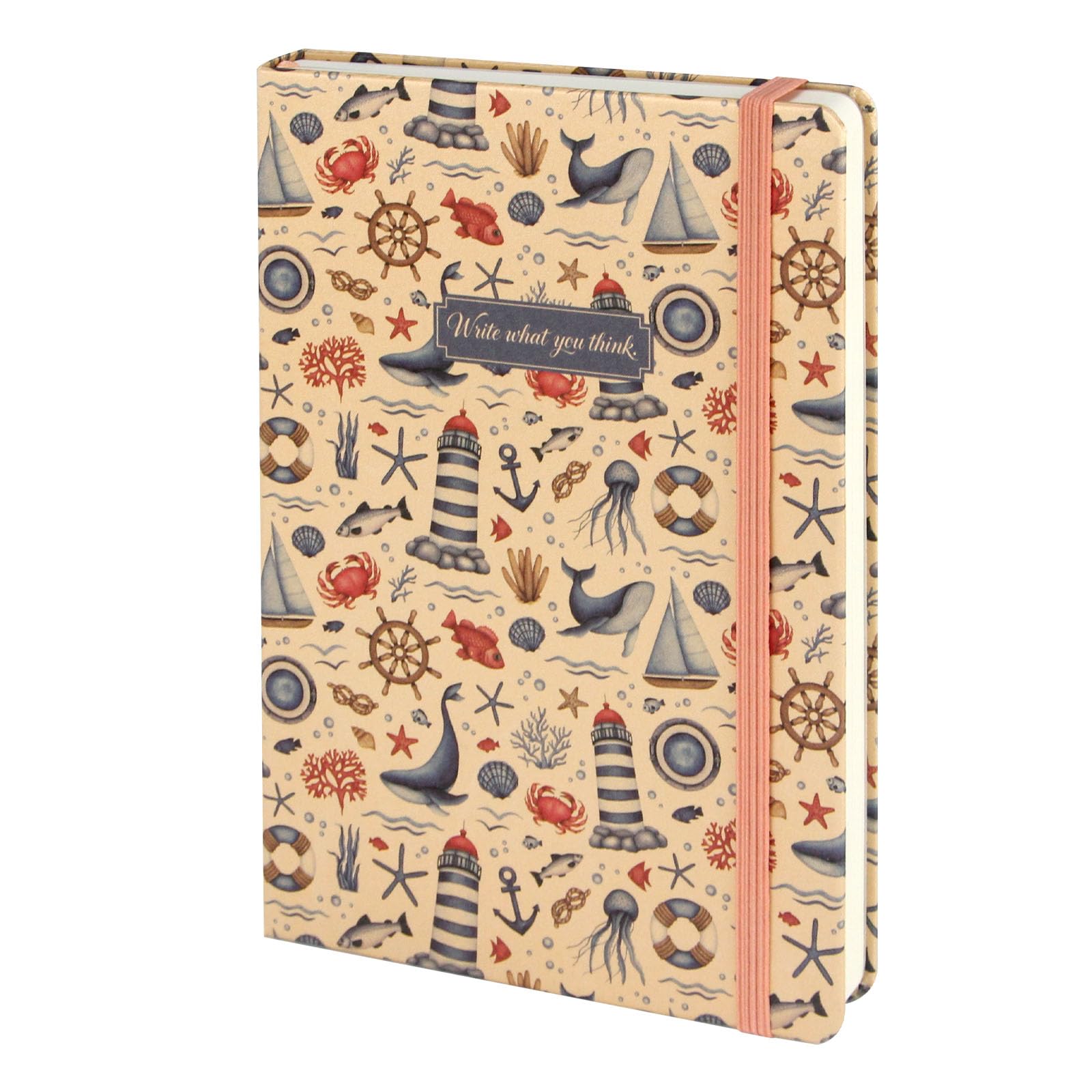 WETLOTE A5 Lined Notebook Hardcover Journal, Lined Notebook with 212 Pages & Back Pocket, Elastic Closure, Writing Book, Left Handed Notebook, Leather Notebook Feel, Lighthouse Design
