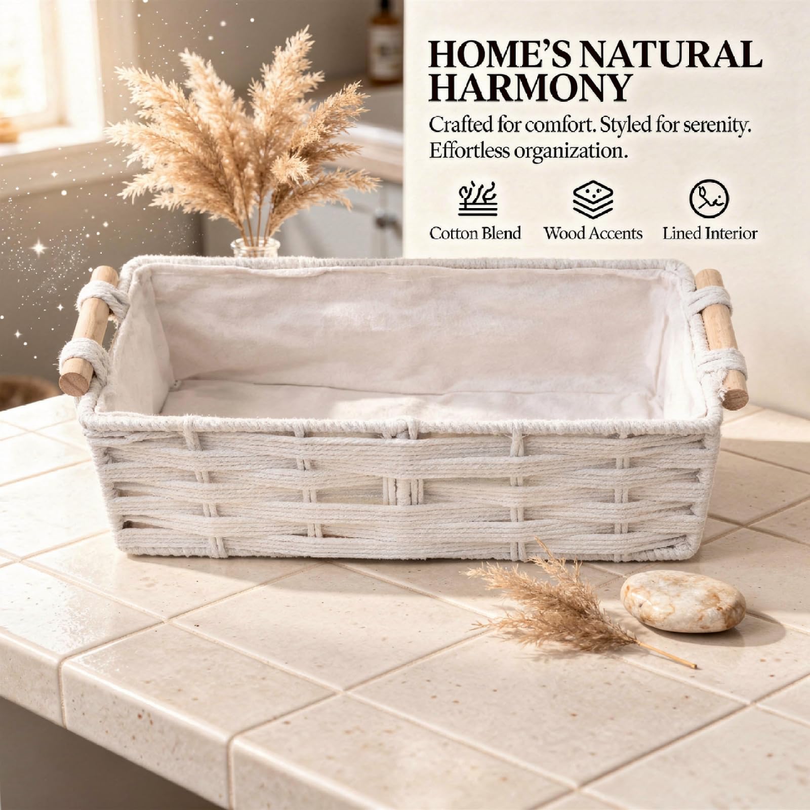 Canastas tejidas de 2 piezas, cestas decorativas bohemias de cuerda de algodón con asas de madera, almacenamiento de papel higiénico, grande de 13.4 x 6.3 pulgadas, pequeña 11.8 x 5.5 pulgadas