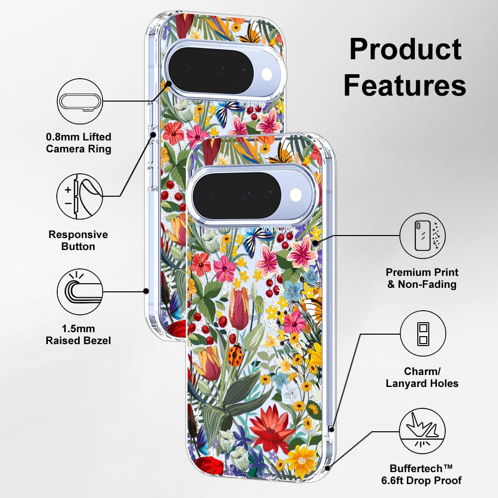 MOSNOVO Case for Google Pixel 10 & Pixel 10 Pro, [Buffertech 6.6ft Military-Grade Drop Protection] [Anti Peel Off Tech] Clear TPU Bumper Phone Case Cover Design - in The Garden — view 7