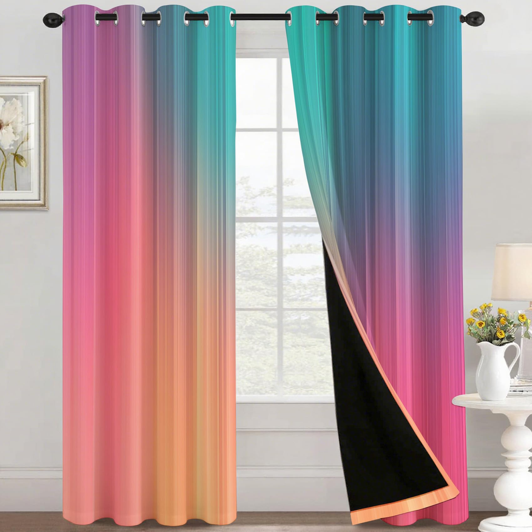 Mehrfarbig Streifen Farbverlauf Vorhänge, Ombre Verdunklungsvorhänge mit Ösen, Vorhang Blickdicht für Wohnzimmer Schlafzimmer Dekoration, Gardinen mit Muster, 2er Set, H 220 x B 140 cm, D#935
