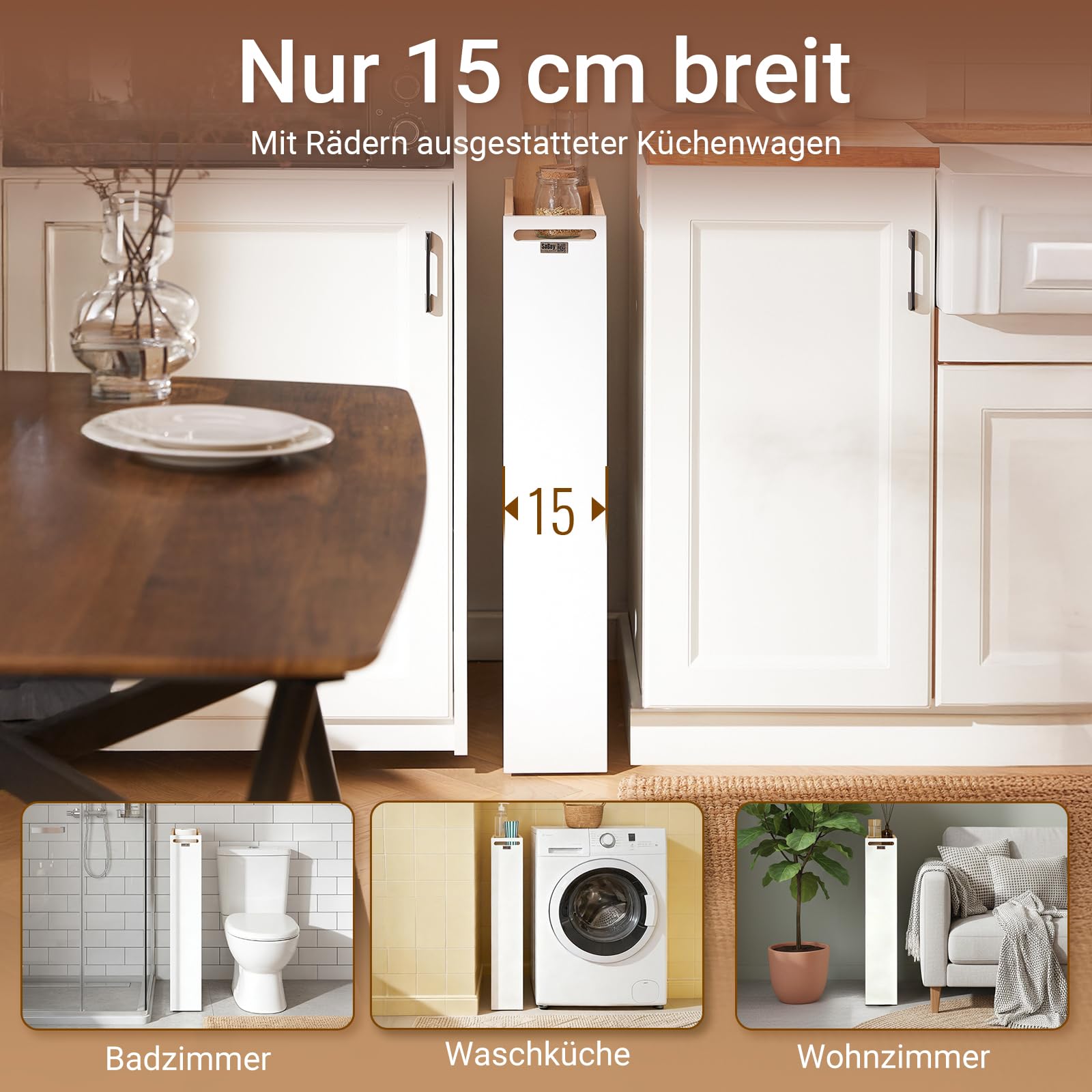 SoBuy Nischenschrank 15 cm Breit Rollwagen Schmal Küchenregal mit Rollen, Platzsparendes Nischenregal für Küche & Badezimmer, Ideale Lösung für kleine Räume, Apothekerschrank Küche 80x50x15 cm NSR12-W