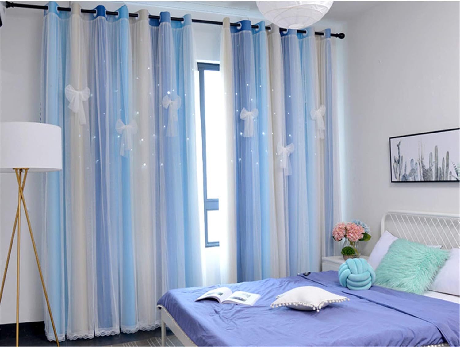 Yancorp Curtains for Girls Bedroom Kids Room Rainbow Curtains Nursery Curtain 108 inches Length Grommet Rainbow Color Decor for Playroom (Blue Beige - Image 3