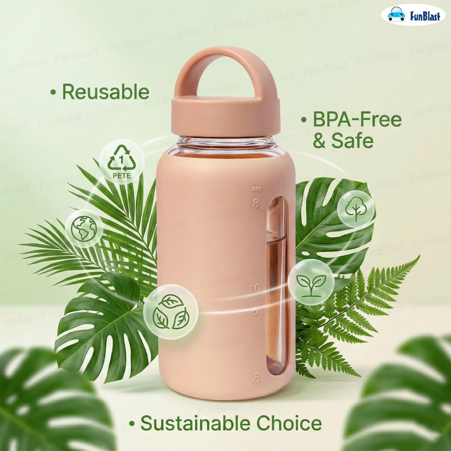 FunBlast Glass Water Bottle - 800ml, Leak-Proof -6