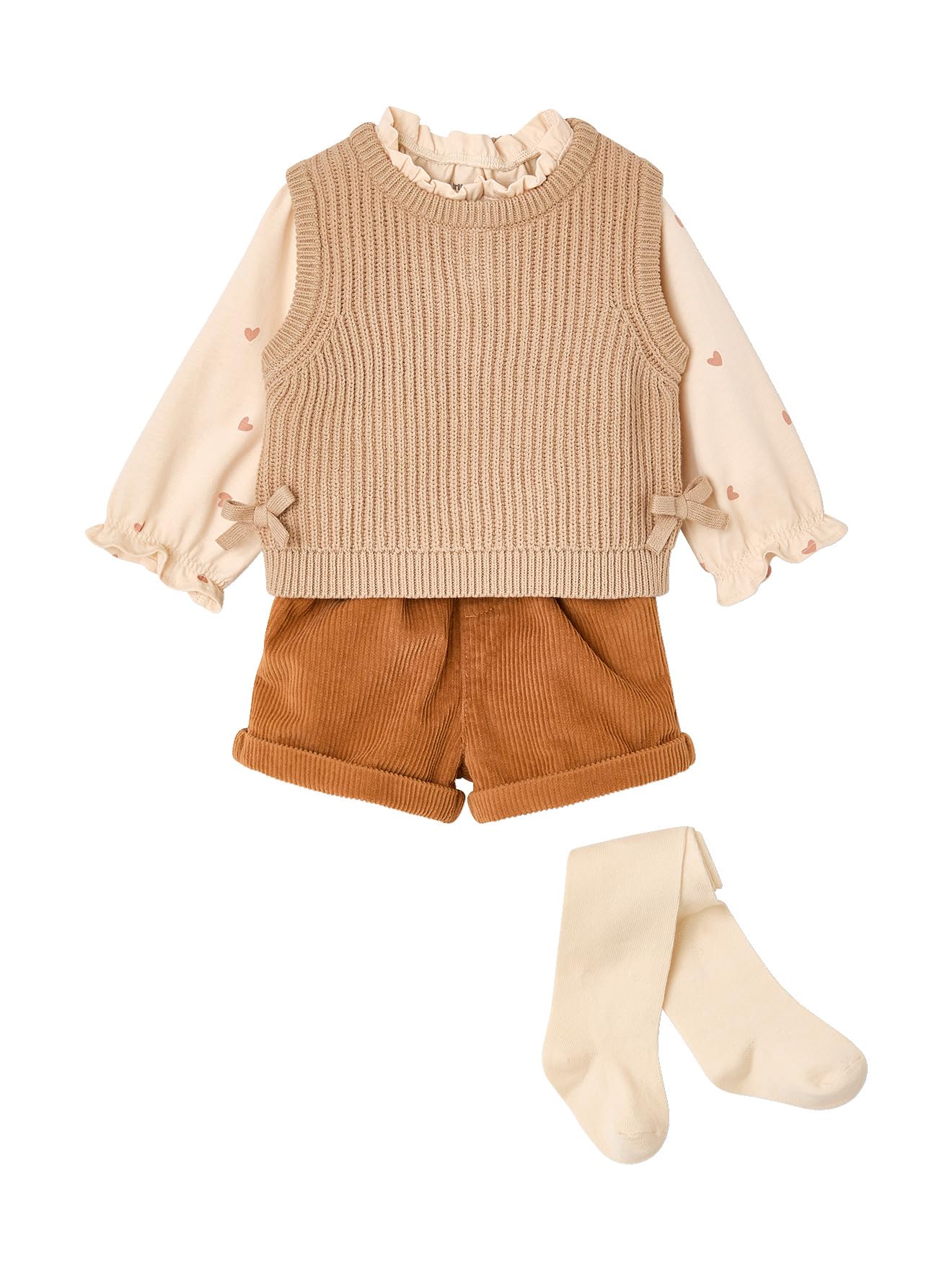 Vertbaudet Mädchen Baby-Set: Bluse, Shorts, Pullunder & Strumpfhose