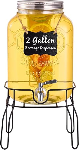 Dispensadores de bebidas de vidrio de 2 galones para fiestas, dispensador de bebidas con soporte, infusor de frutas y grifo de acero inoxidable 100%