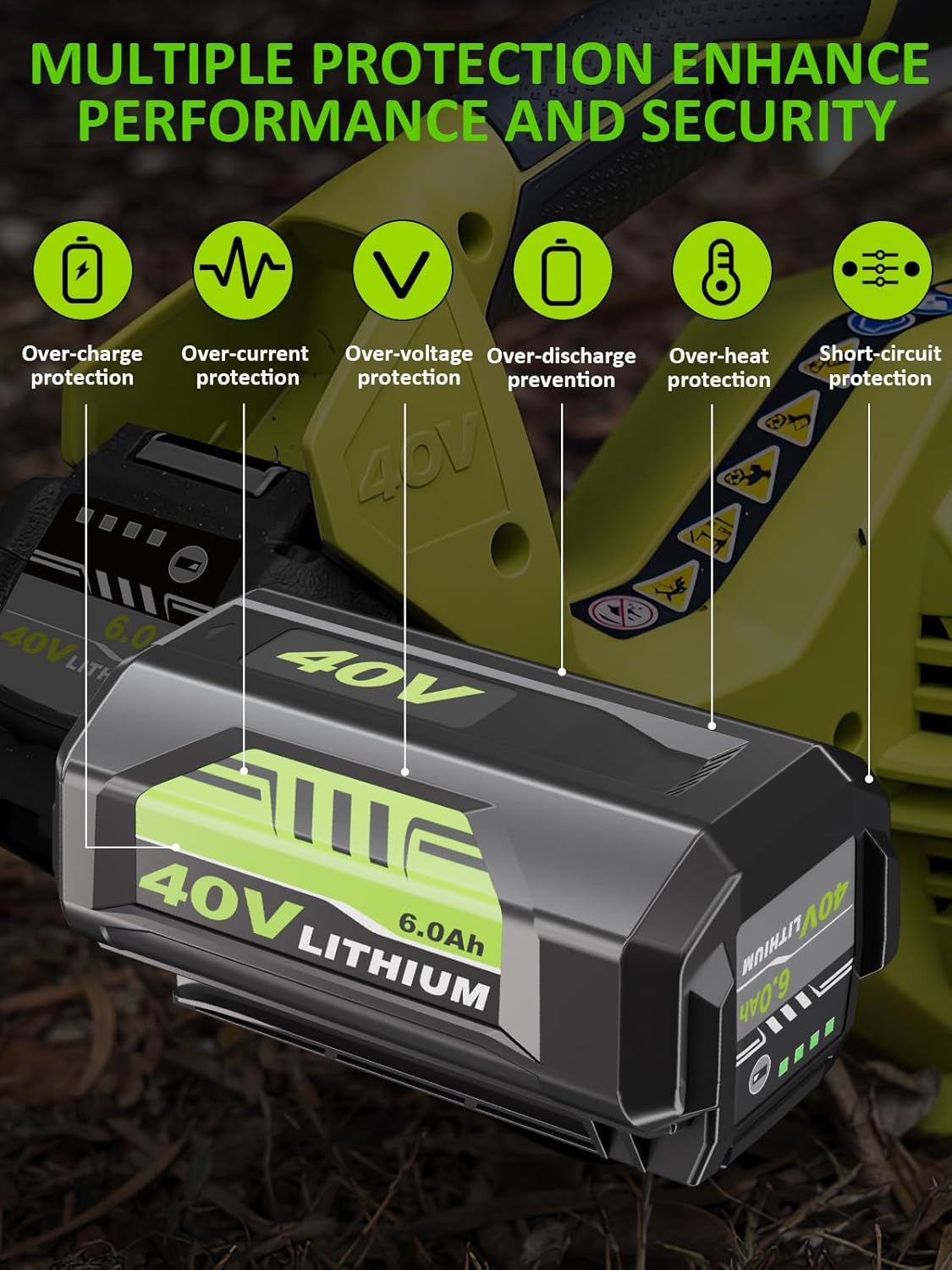 2Pack Upgraded 6.0Ah 40 Volt Lithium ion Batteries High Capacity OP4060 Replacement for Ryobi 40V Battery 6.0Ah OP40602 OP4040 OP4026 OP4050 Compatible with Ryobi 40 Volt Power Tools and Chargers - Image 4