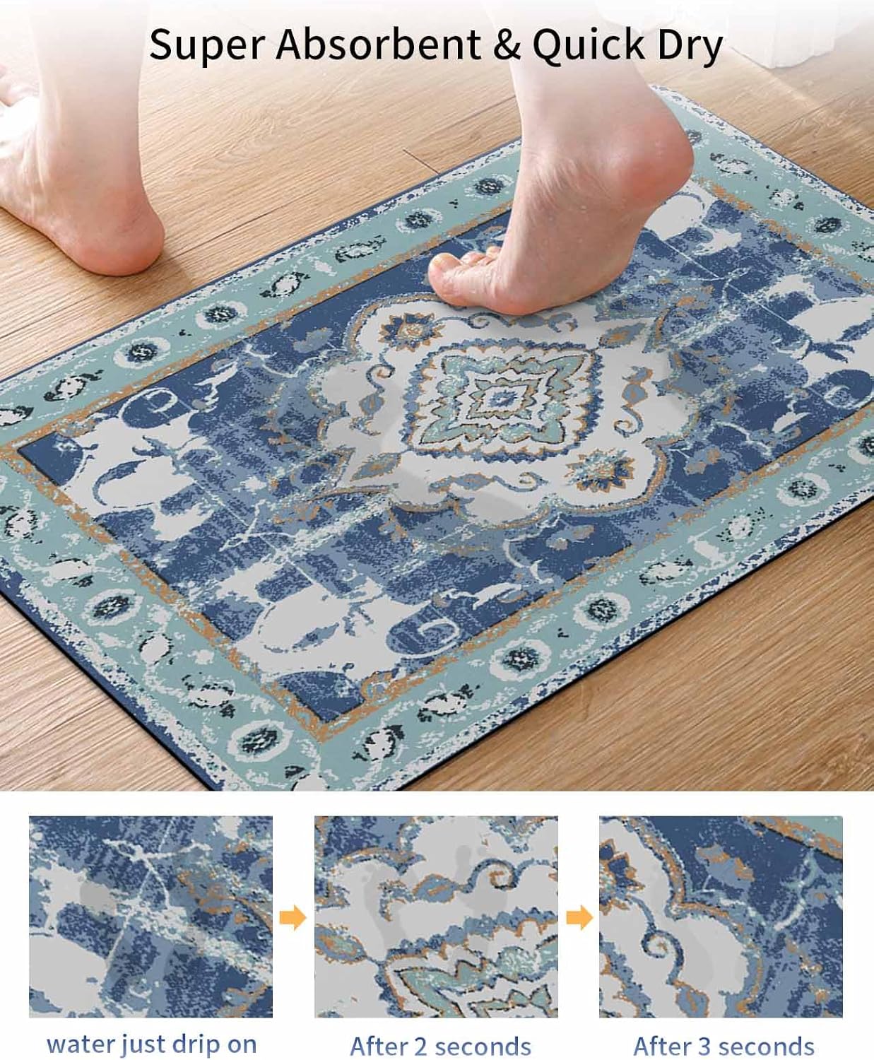 Bath Rugs Bathroom Rug,Monaco Retro Pattern Navy Absorbent Diatomaceous Earth Bath Mat Quick Drying Non-Slip Washable Shower Mat,Boho Style Geometric Art Light Blue Doormat for Bathtub Kitchen