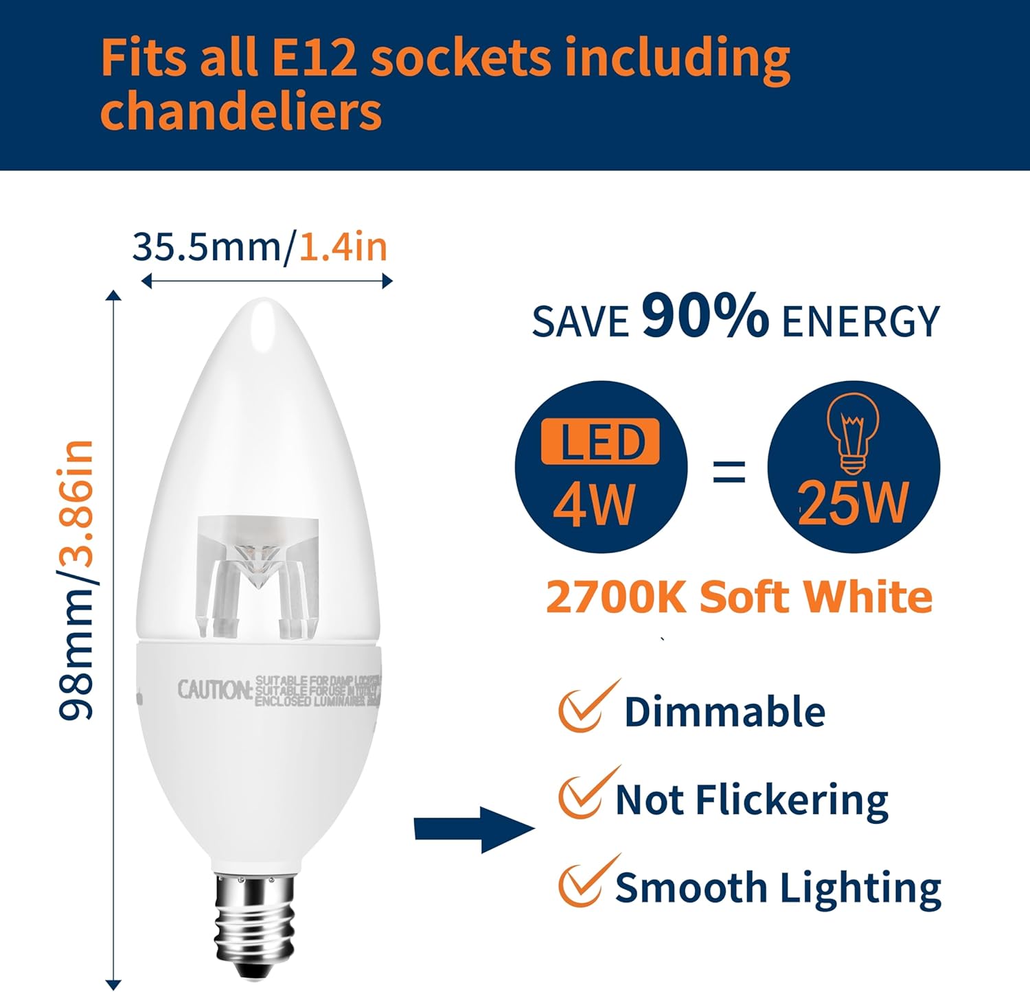 E12 LED Candelabra Light Bulb, Dimmable 25W Equivalent Candle Light LED Bulb, ETL Listed, Warm White 2700K, Filament Clear Glass C37 Light Bulb, Pack of 6