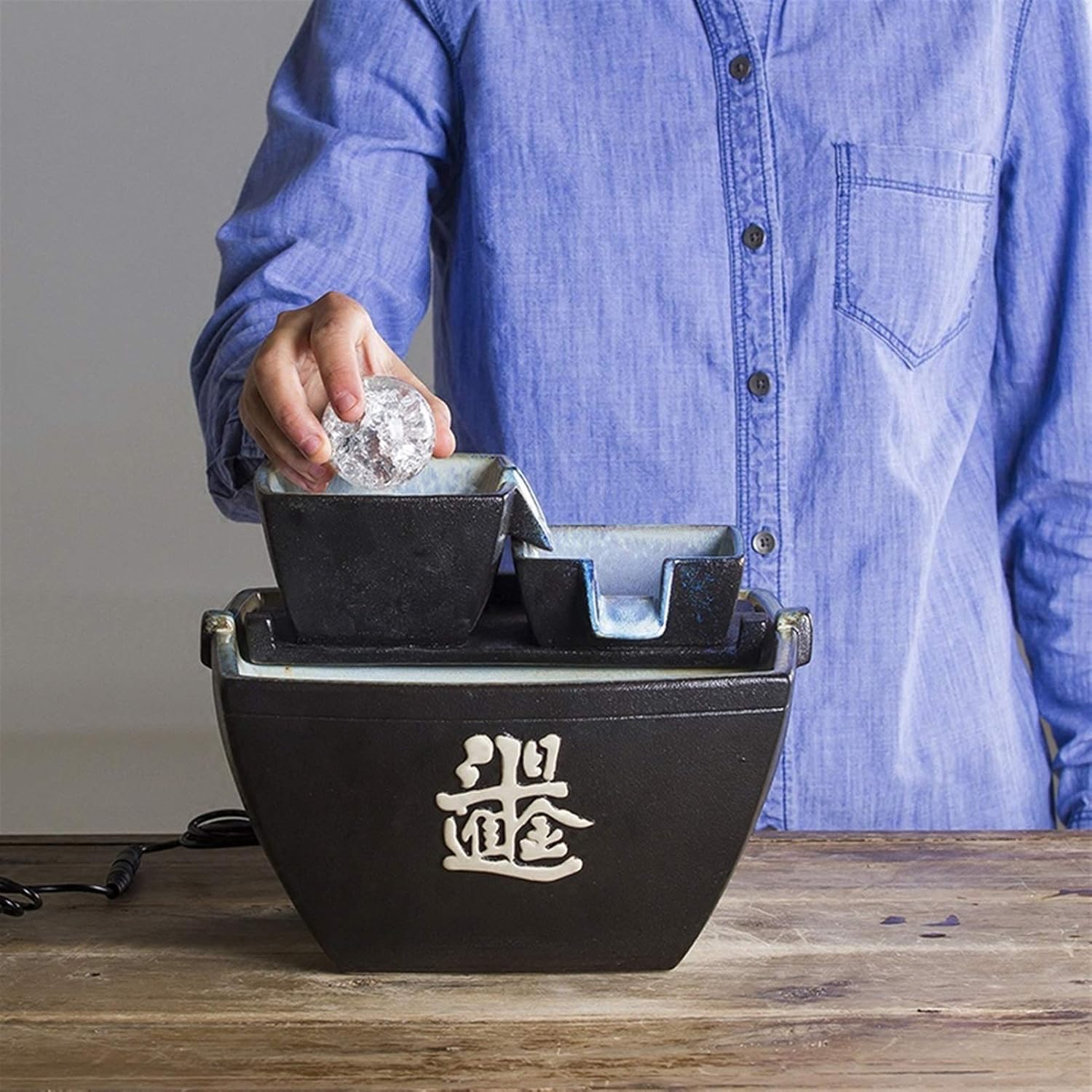 Tabletop Water Fountain Ceramic Indoor Table-Top Water Fountain and Square Base 8.3" High Cascading for Table Desk Office Home Bedroom Home Decor