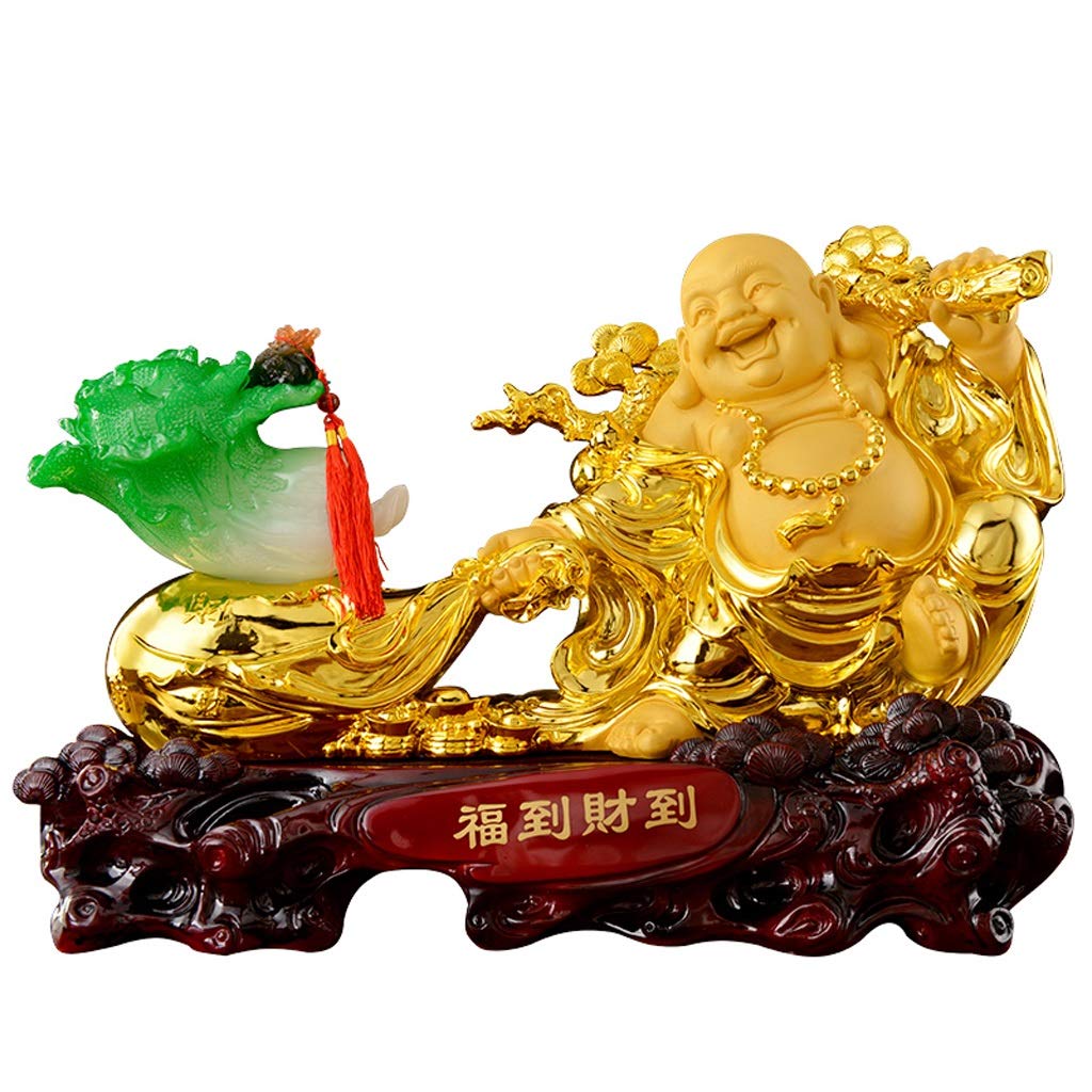 Figurine Bouddha Feng Shui Baicai, ornement de jardin intérieur en résine dorée