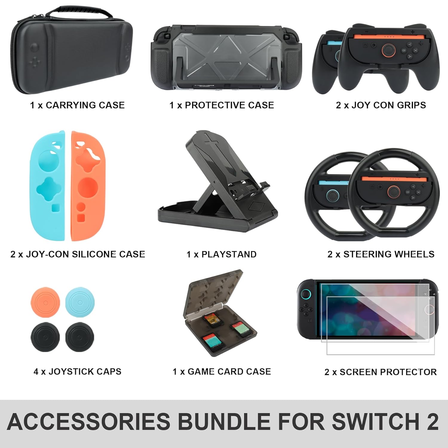 RTop Switch 2 Accessories Kit for Nintendo Switch 2 (2025),Family Bundle Accessories Kit with Carrying Case& Screen Protector,Joy Con Grips and Steering Wheels,Case Cover,Stand and More (16 in 1) - Image 3